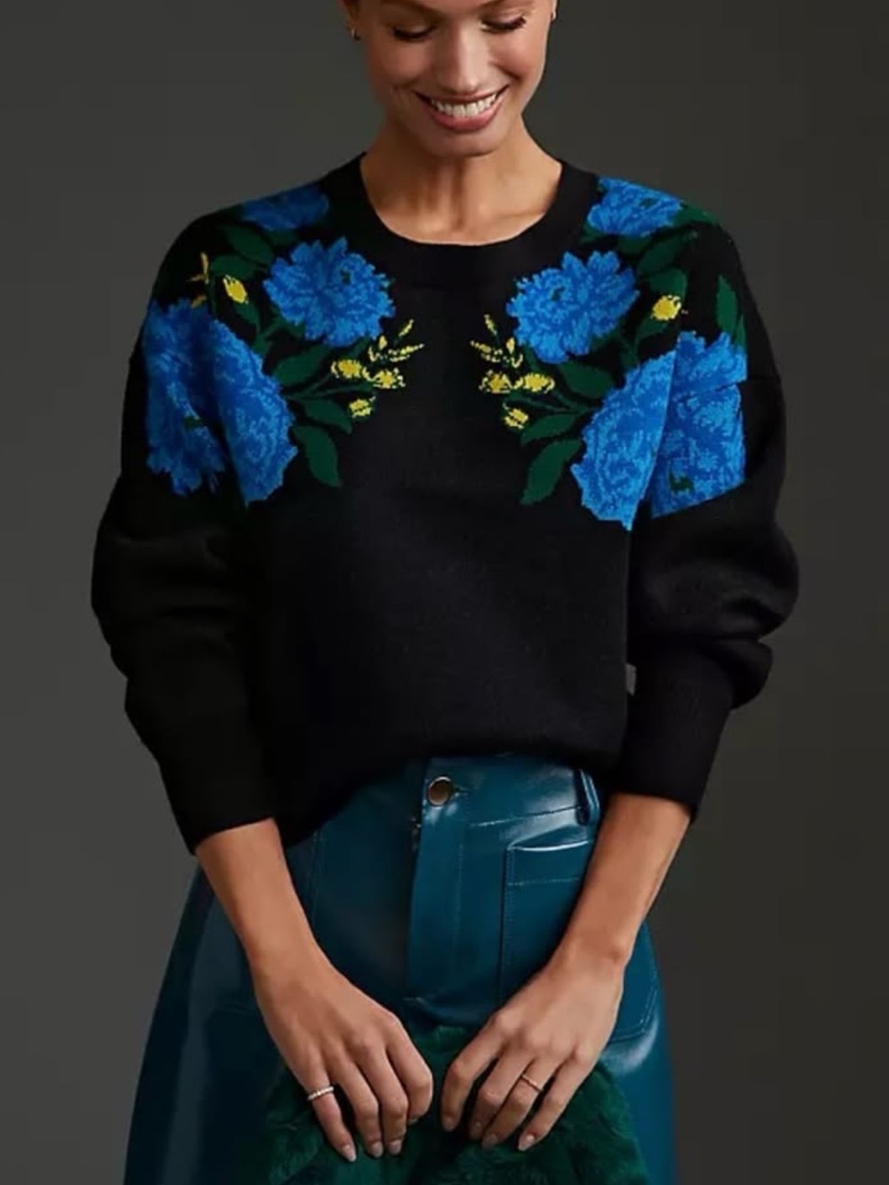 anthropologie Maeve Black Crewneck Sweater with Blue Floral Embroidery m
